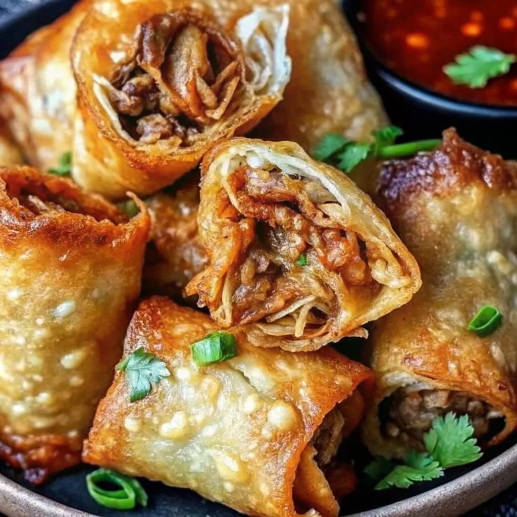 Redneck Egg Rolls Recipe 1 A close-up of crispy, golden-brown egg rolls sliced in half to show a savory meat filling, served with a side of red chili dipping sauce.