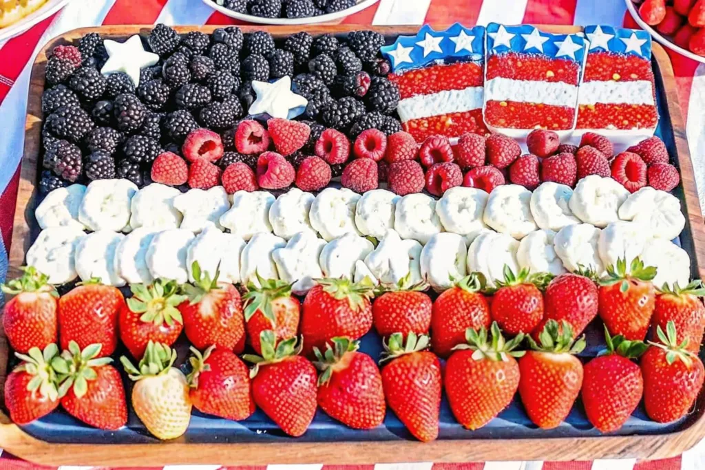 A wooden tray arranged as an American flag using blackberries, raspberries, strawberries, and yogurt-covered pretzels.