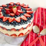 A glass trifle bowl filled with layers of cream, pudding, and strawberries, topped with a concentric pattern of blueberries and strawberry slices.