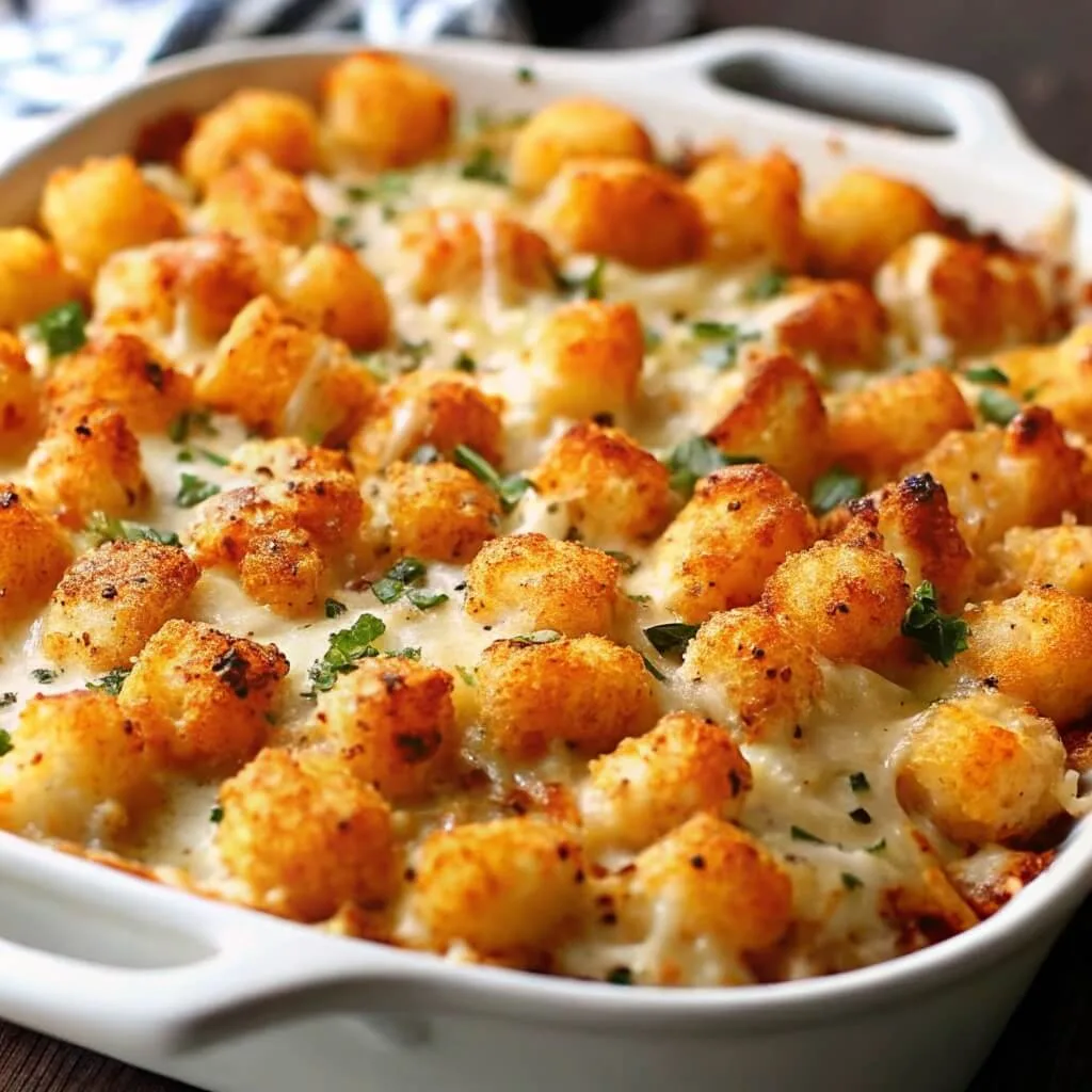 A white ceramic baking dish filled with a cheesy tater tot casserole, featuring crispy golden tots and fresh green herb garnish.