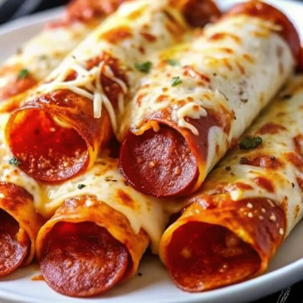 A close-up shot of rolled tortillas filled with pepperoni and pizza sauce, topped with bubbly melted mozzarella cheese and fresh herbs.