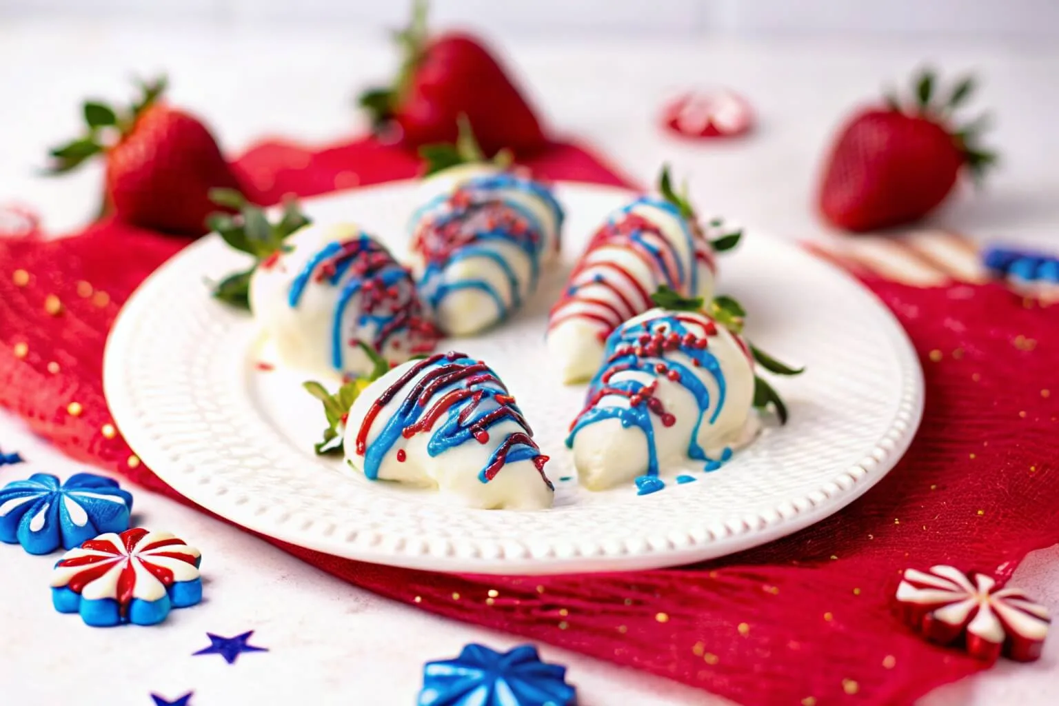 A white textured plate filled with strawberries dipped in white chocolate and drizzled with red and blue frosting, set against a red festive backdrop with star decorations.