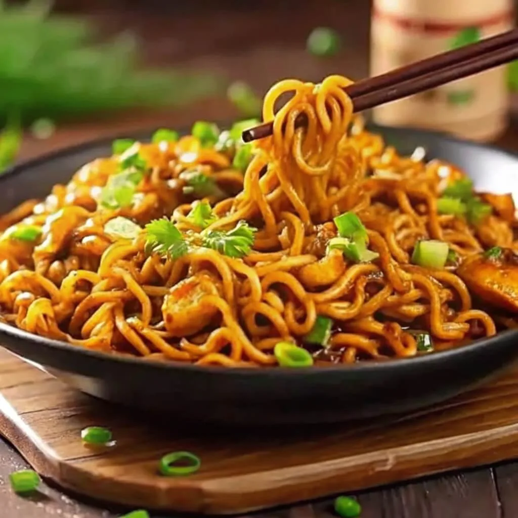 A close-up of dark, saucy stir-fry noodles being lifted with wooden chopsticks from a black bowl, garnished with green onions and cilantro.