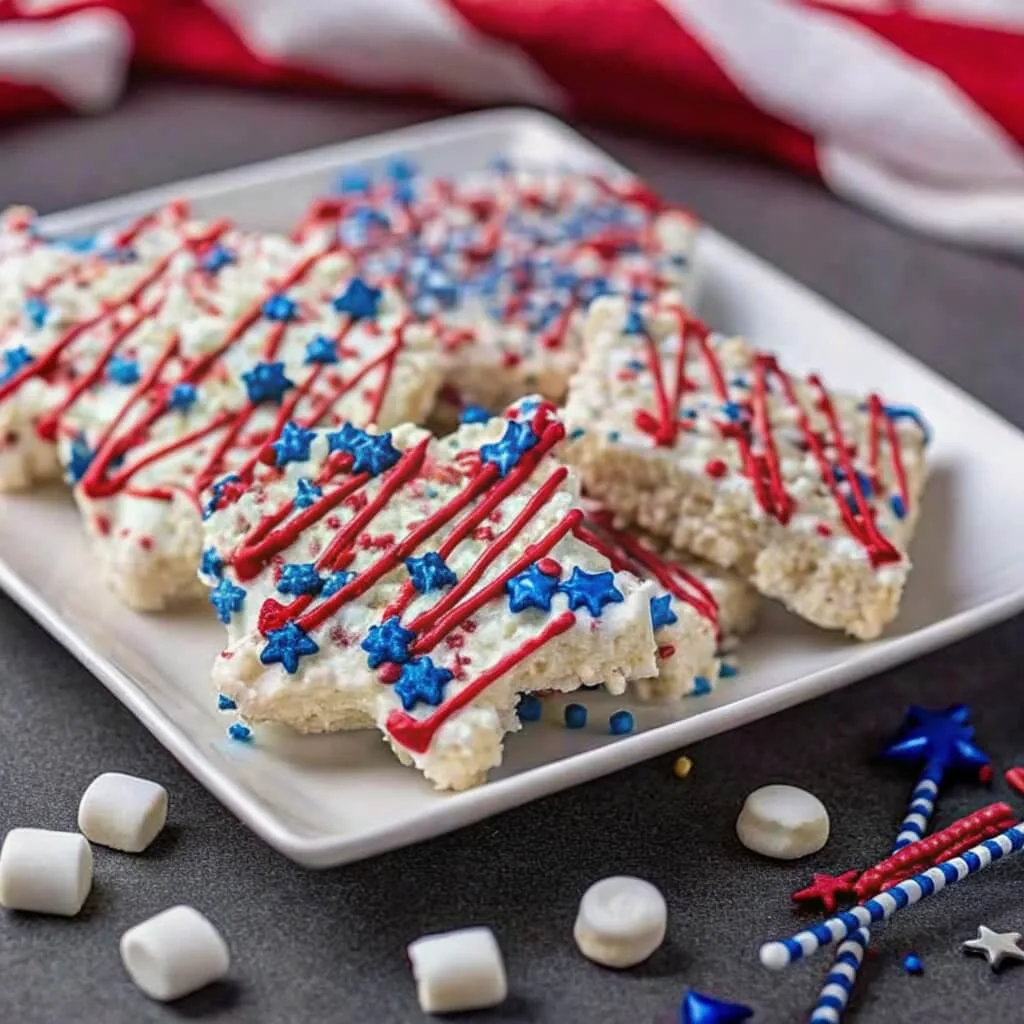 A white square plate filled with star-shaped rice krispie treats decorated with red frosting drizzles and blue star sprinkles, surrounded by scattered mini marshmallows.