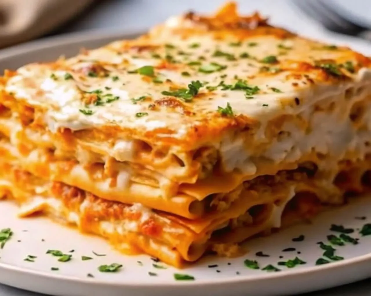 Side view of a slice of layered lasagna with melted cheese, meat sauce, and fresh parsley on a white plate.