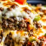 Close up of a spatula lifting a slice of cheesy ground beef casserole with melted mozzarella and green bell peppers.