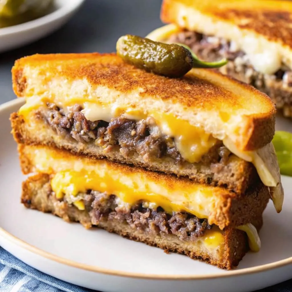 Classic Patty Melt 1 Slices of a diner style patty melt sandwich with ground beef, melted cheddar cheese, and a gherkin pickle on top.