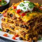 A thick slice of taco lasagna layered with ground beef, black beans, tortillas, melted cheese, sour cream, and diced tomatoes.