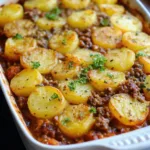 Homemade cottage pie with a layer of overlapping sliced potato rounds and fresh parsley in a white baking dish.