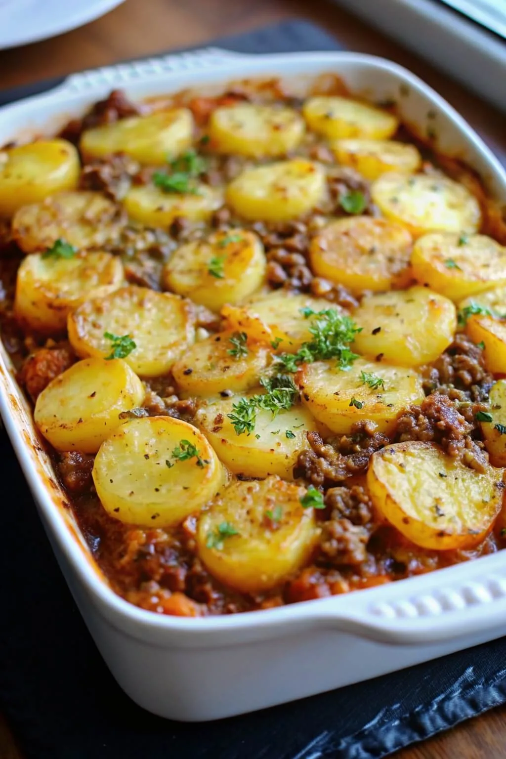 Homemade cottage pie with a layer of overlapping sliced potato rounds and fresh parsley in a white baking dish.