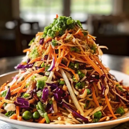 A towering crunchy Asian salad piled high on a plate with shredded carrots, red cabbage, edamame, and crispy wonton strips.
