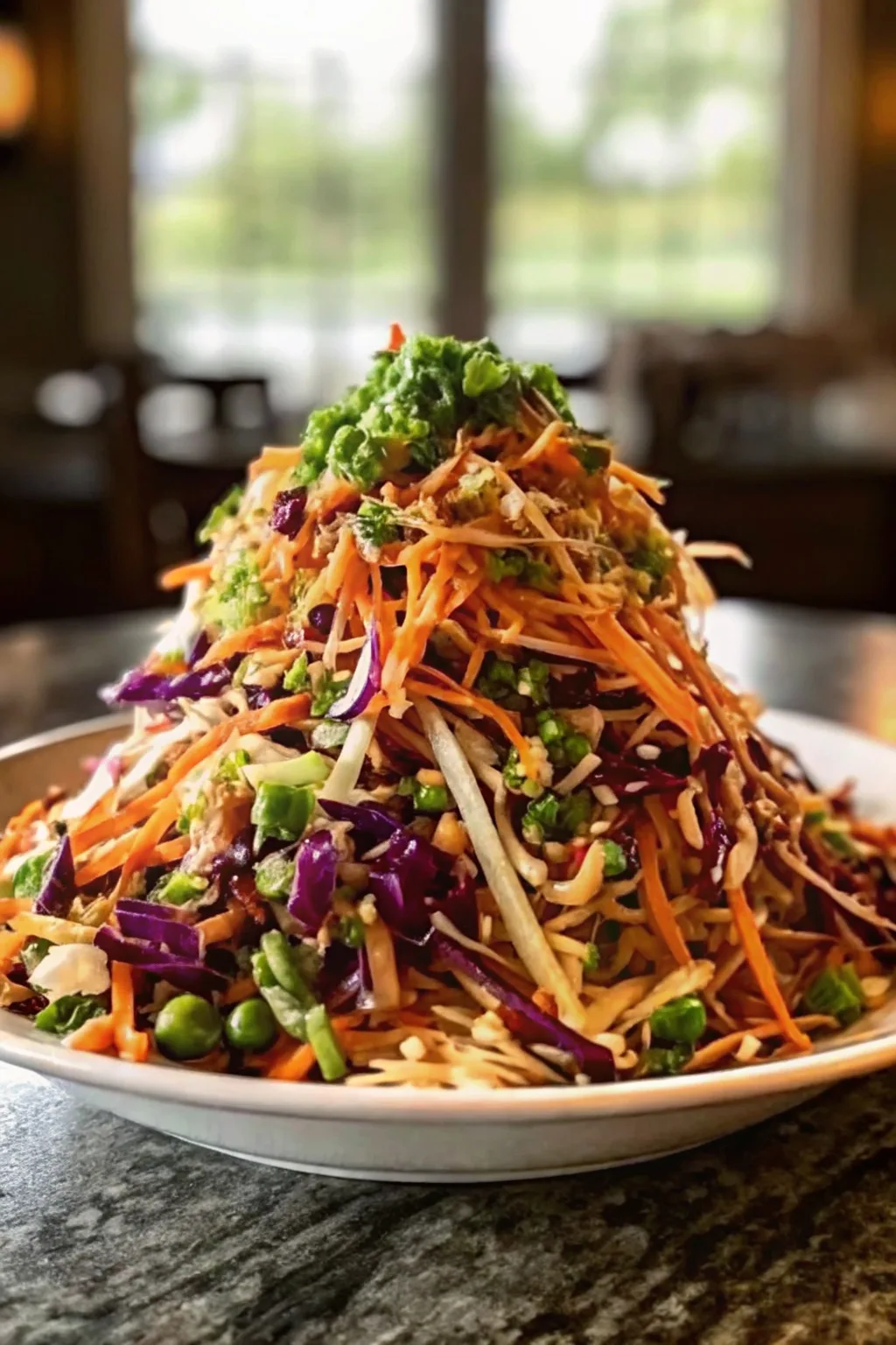 A towering crunchy Asian salad piled high on a plate with shredded carrots, red cabbage, edamame, and crispy wonton strips.