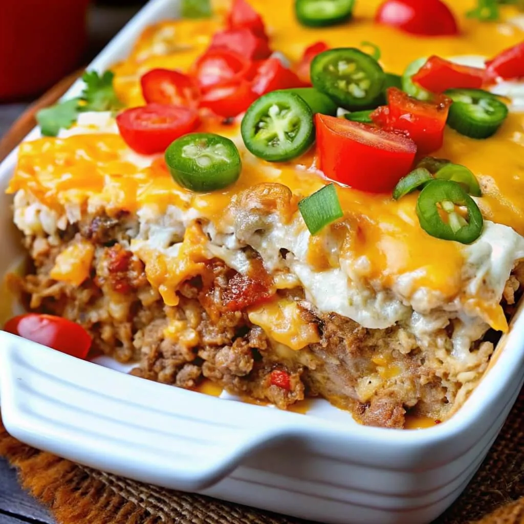 A close-up of a cheesy taco casserole in a white baking dish, topped with melted cheddar cheese, fresh jalapeno slices, and diced tomatoes.