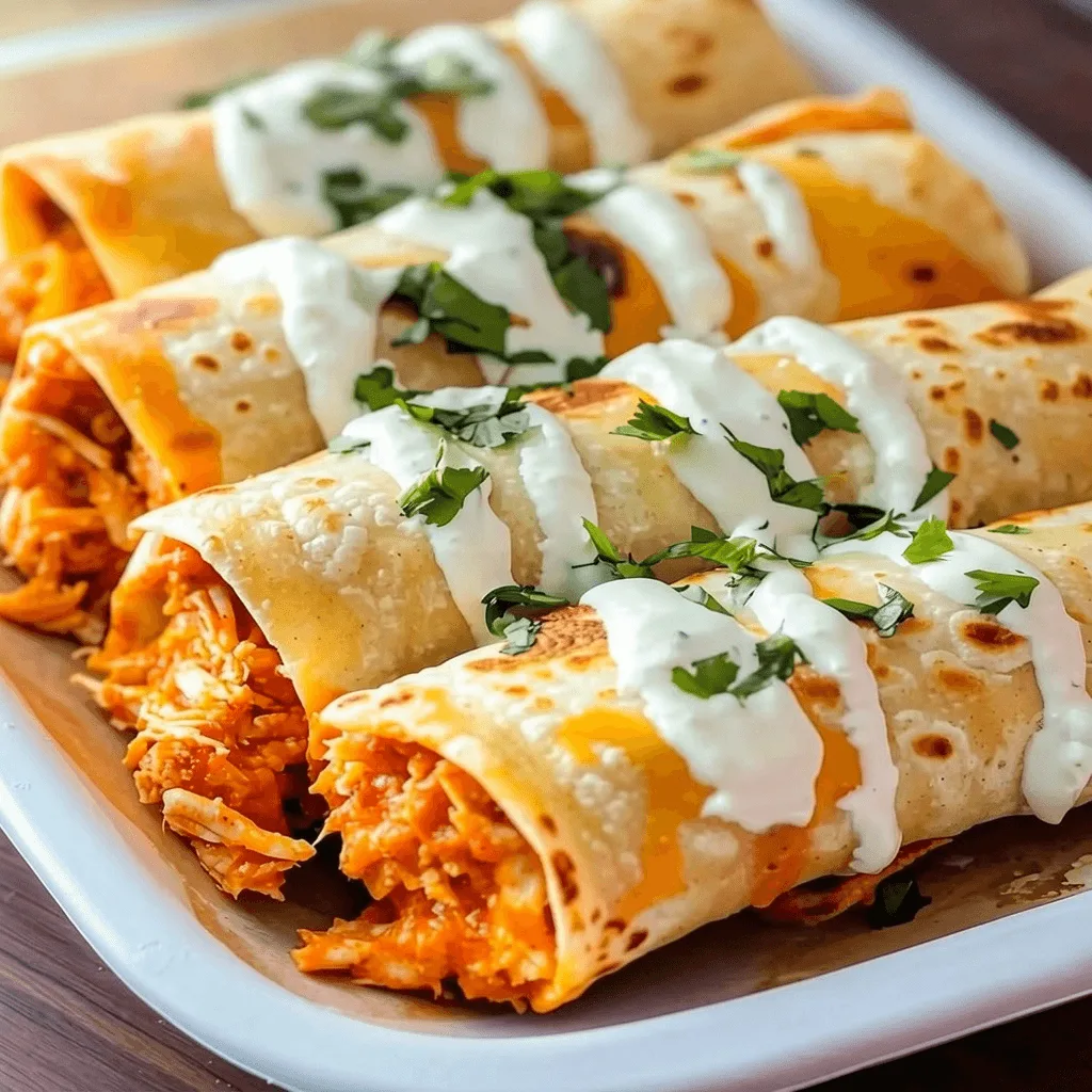 Row of crispy baked buffalo chicken taquitos on a platter drizzled with sour cream and topped with fresh cilantro.