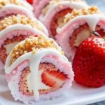 Close up of sweet strawberry dessert sushi rolls filled with cream cheese and fresh strawberry slices on a white platter.