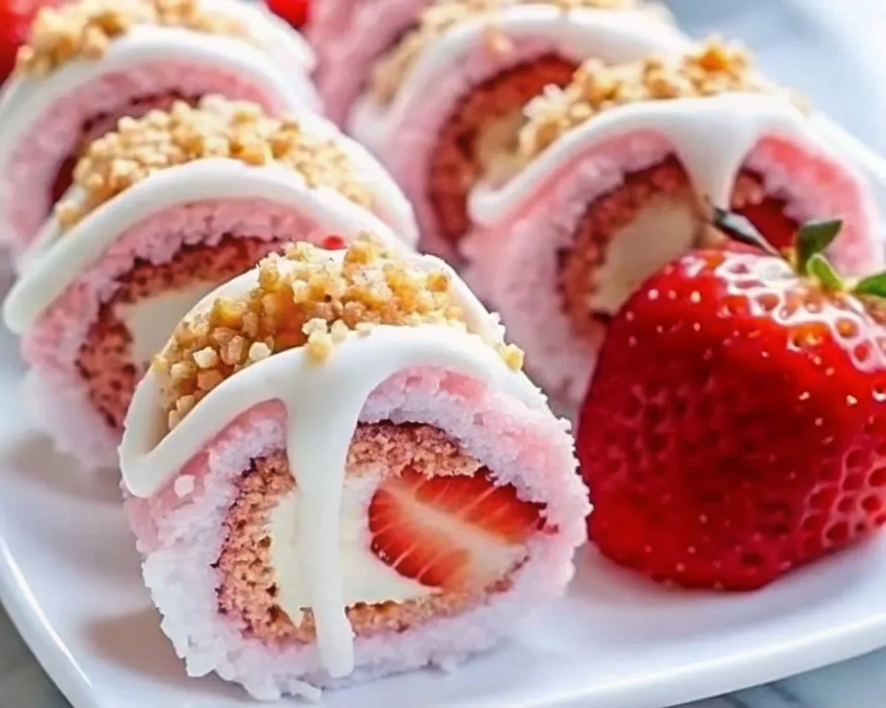 Close up of sweet strawberry dessert sushi rolls filled with cream cheese and fresh strawberry slices on a white platter.
