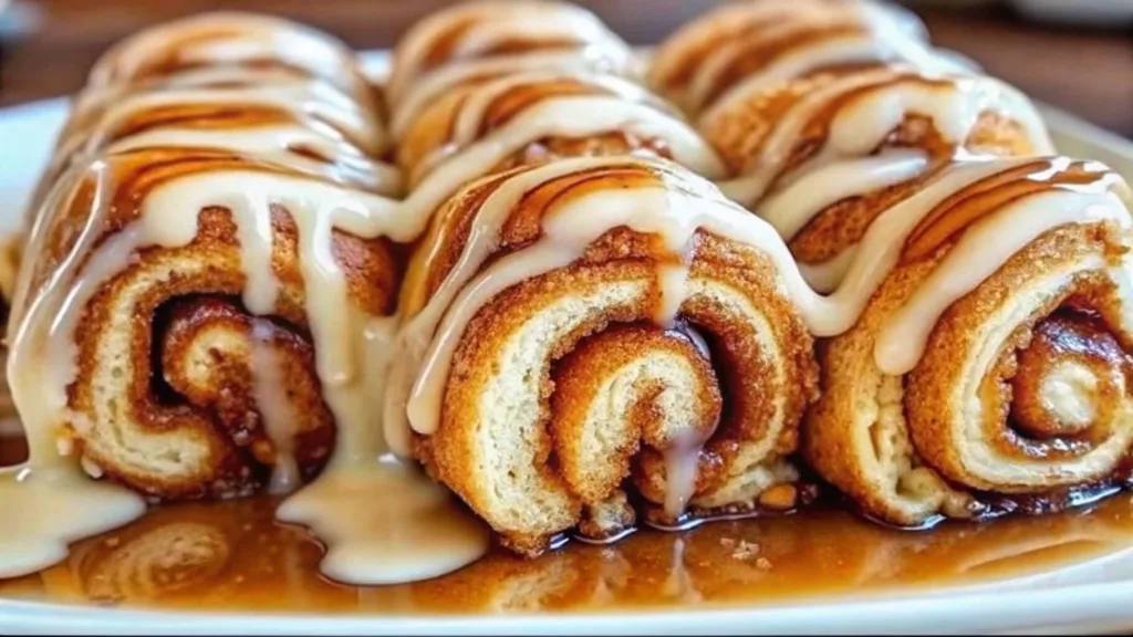 Close up of a baked cinnamon roll log cut into individual spirals, drizzled with white icing glaze over a pool of caramel syrup.
