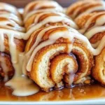 Close up of a baked cinnamon roll log cut into individual spirals, drizzled with white icing glaze over a pool of caramel syrup.