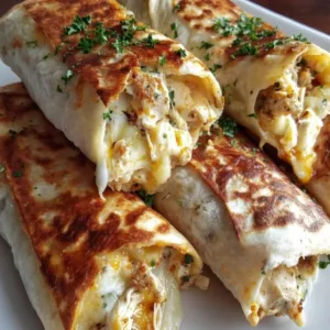 Stack of pan seared crispy chicken wraps stuffed with shredded chicken and melted cheese, garnished with fresh chopped parsley.