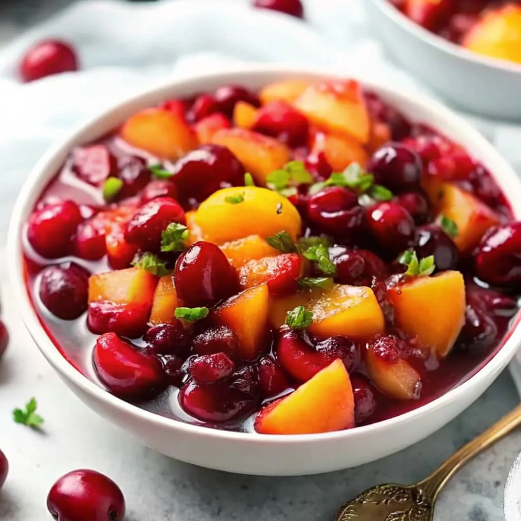 A white bowl filled with a vibrant cranberry and mango salsa featuring fresh herbs and a zesty glaze.