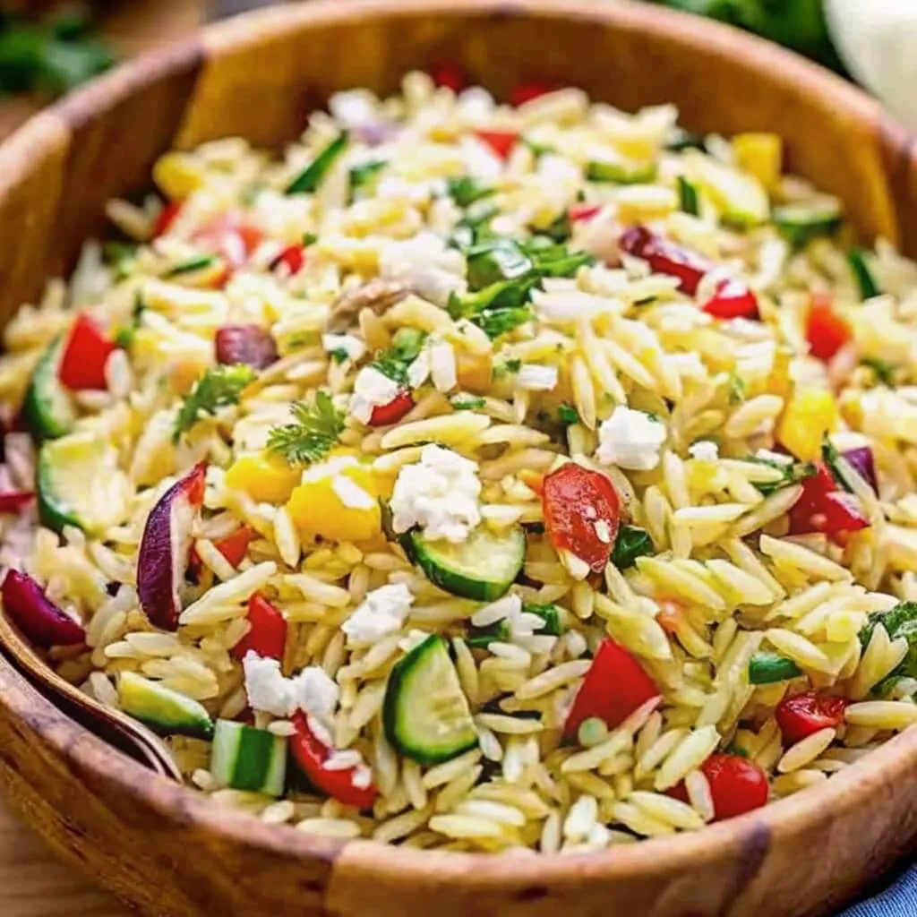 A close-up shot of a fresh Mediterranean orzo salad in a wooden bowl, featuring rice-shaped pasta, diced cucumbers, tomatoes, red onions, and crumbled feta cheese.