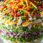 A colorful vertical close-up of a classic 7 layer salad in a glass bowl featuring layers of peas, hard-boiled eggs, lettuce, and red onion, topped with cheddar cheese and crispy bacon.