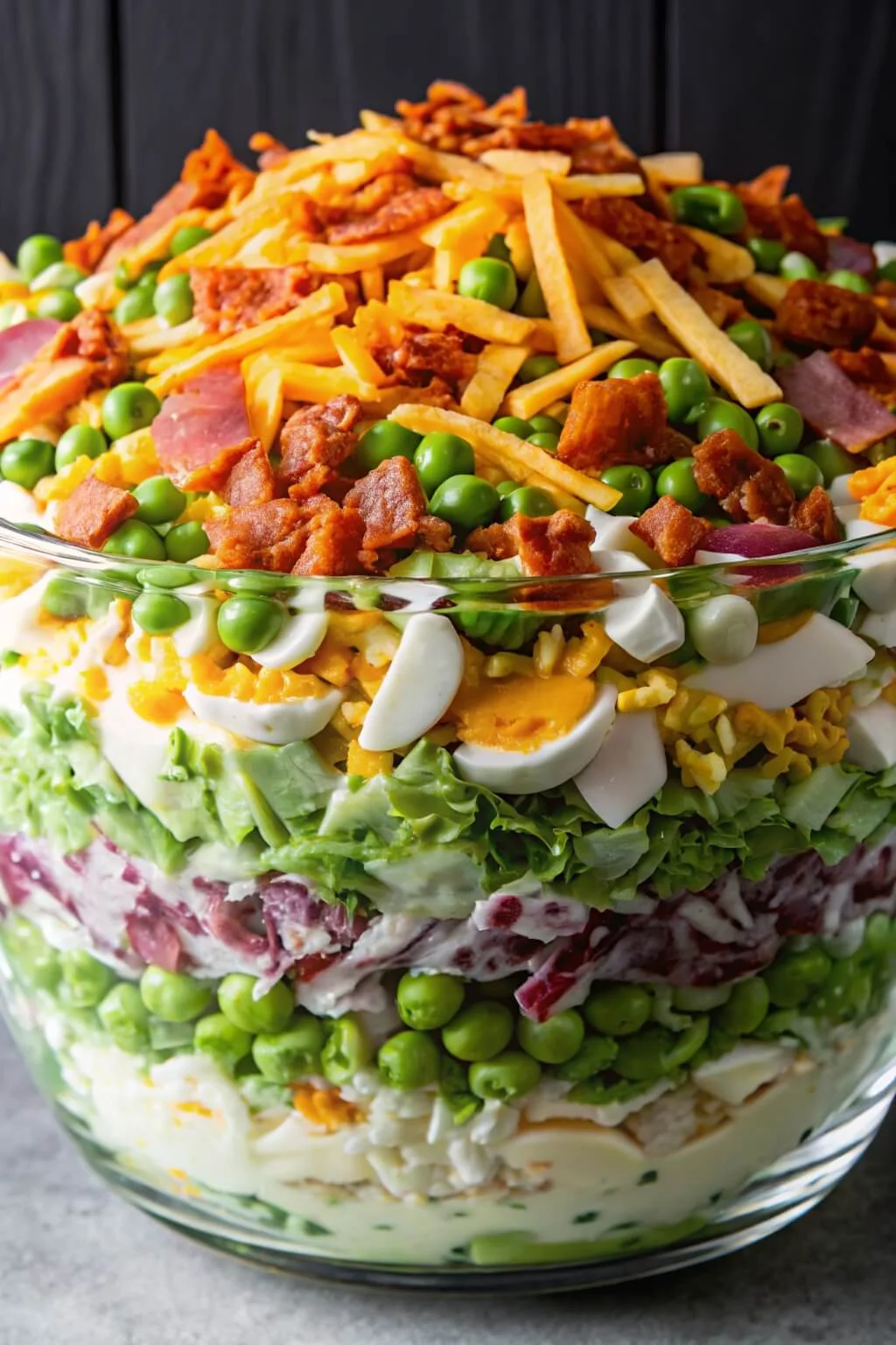 A colorful vertical close-up of a classic 7 layer salad in a glass bowl featuring layers of peas, hard-boiled eggs, lettuce, and red onion, topped with cheddar cheese and crispy bacon.
