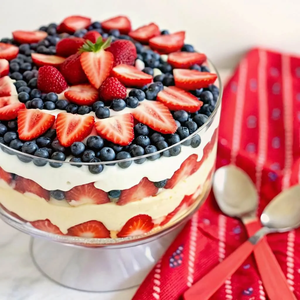 A glass trifle bowl filled with layers of cream, pudding, and strawberries, topped with a concentric pattern of blueberries and strawberry slices.