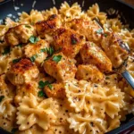 Close up of creamy cajun chicken bowtie pasta farfalle with black pepper and fresh parsley in a skillet.