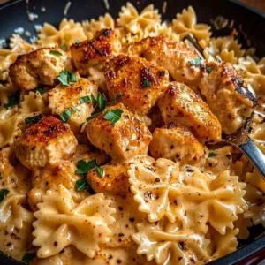 Zesty Cajun Chicken Pasta Skillet 2 Close up of creamy cajun chicken bowtie pasta farfalle with black pepper and fresh parsley in a skillet.