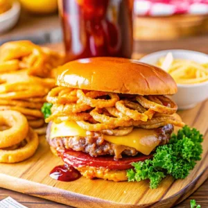A cheeseburger with crispy onions, bacon, and barbecue sauce, garnished with a sprig of fresh kale on the side.