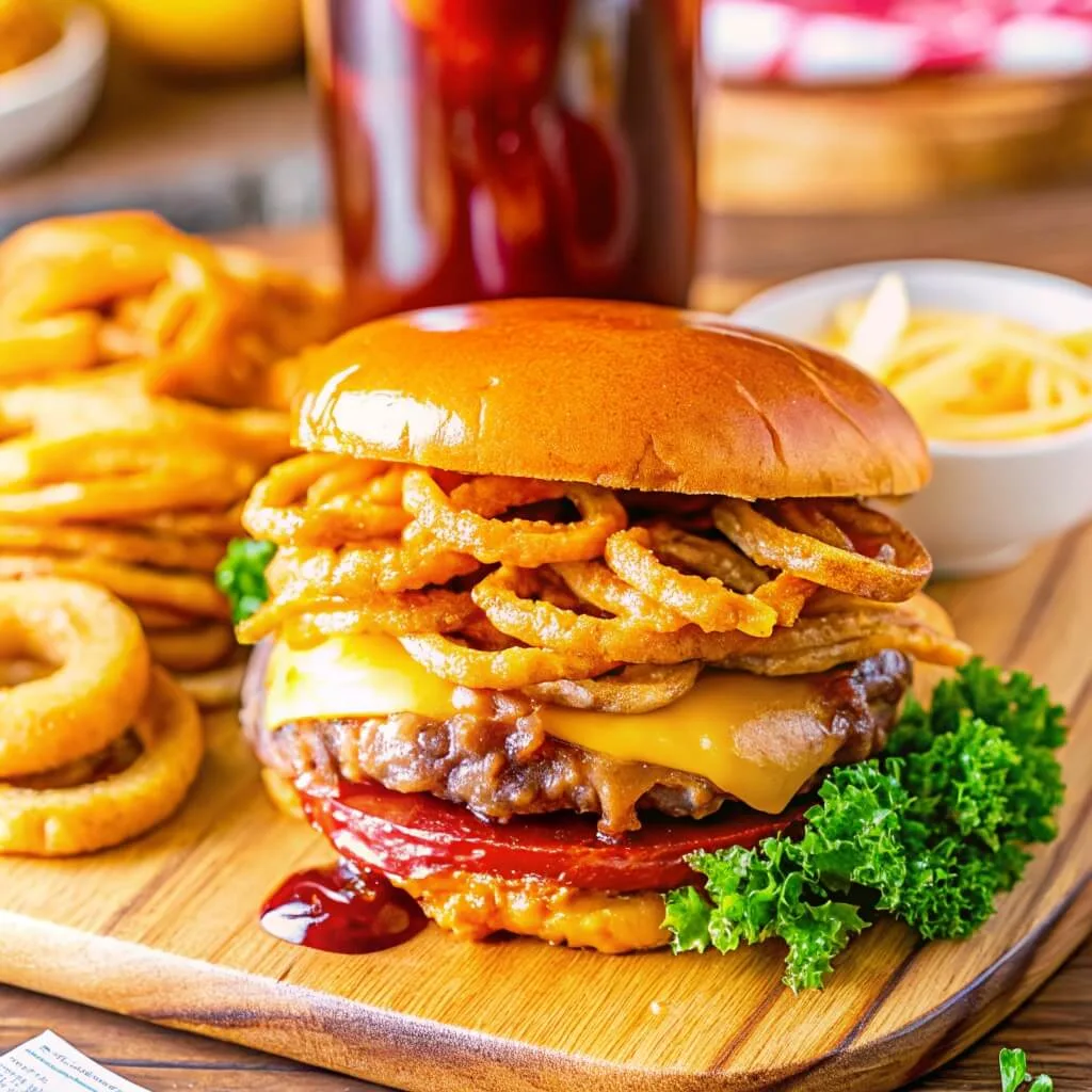 A cheeseburger with crispy onions, bacon, and barbecue sauce, garnished with a sprig of fresh kale on the side.