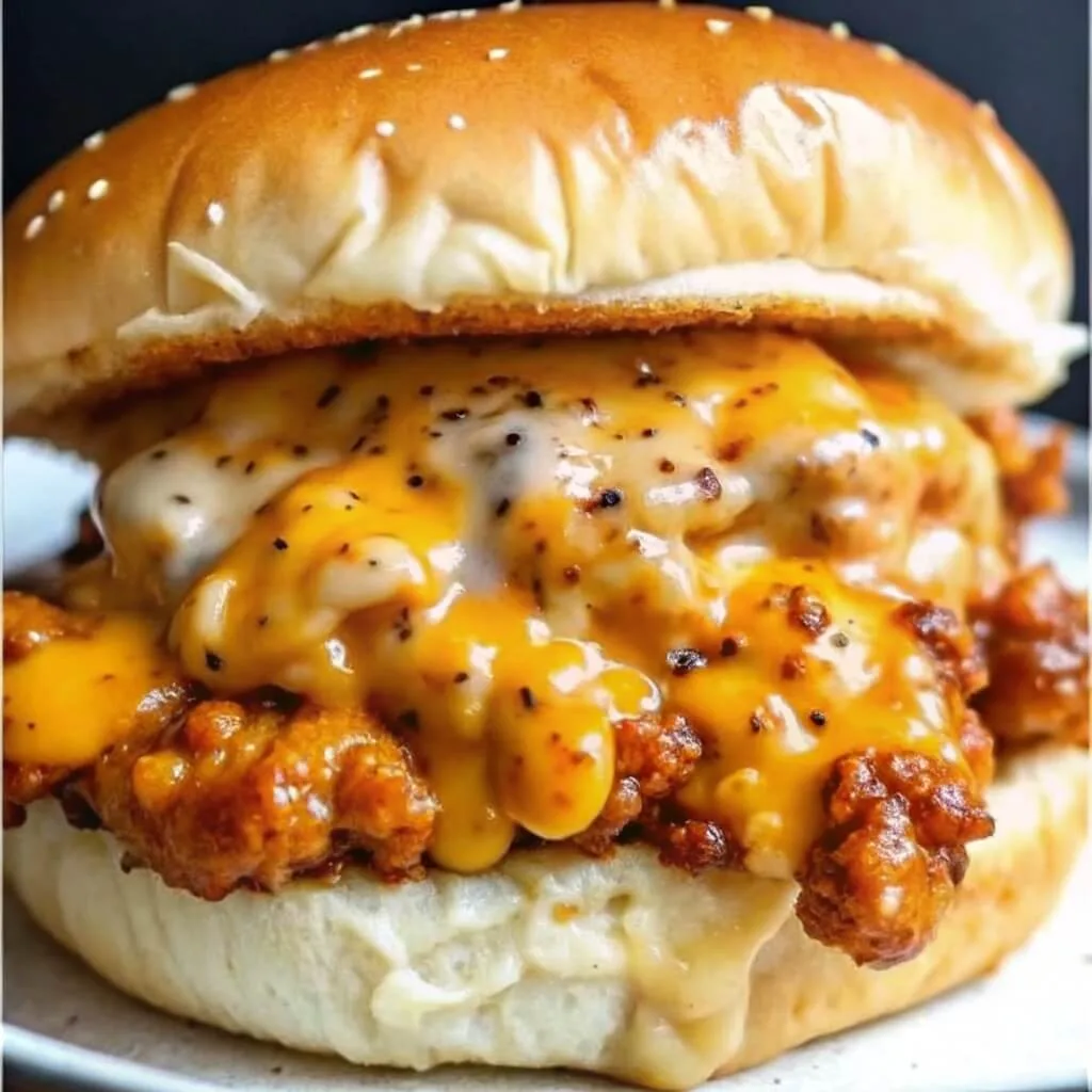 A close-up of a crispy chicken sandwich on a brioche bun with melted cheddar and a creamy peppercorn white sauce.