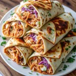 A large stack of grilled BBQ chicken wraps on a white plate, showing fillings of shredded chicken, melted cheese, and vibrant purple cabbage slaw.