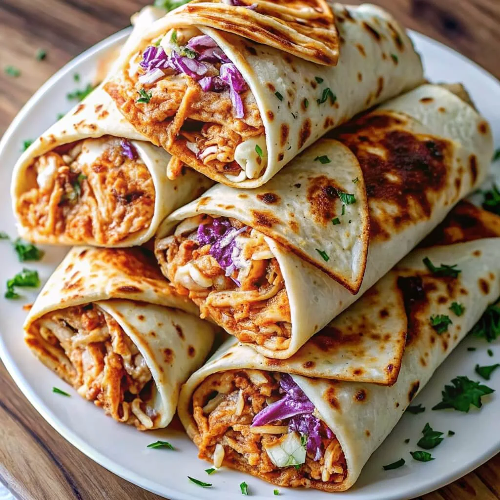 A large stack of grilled BBQ chicken wraps on a white plate, showing fillings of shredded chicken, melted cheese, and vibrant purple cabbage slaw.