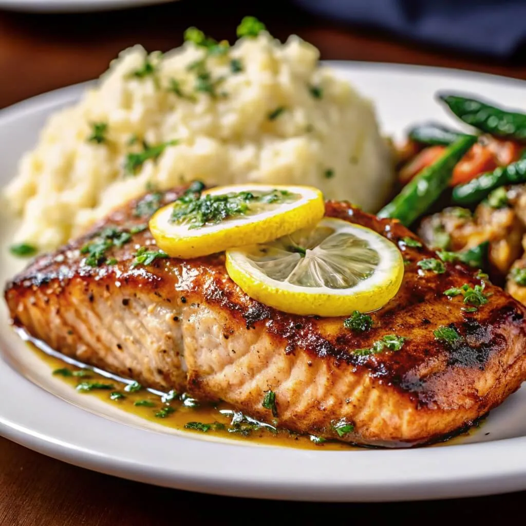 A grilled salmon fillet topped with two lemon slices and fresh herbs, served with a side of mashed potatoes and green beans on a white plate.