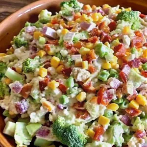 Close-up of a loaded broccoli salad with crispy bacon, corn, red onion, and peas in a creamy mayonnaise dressing.