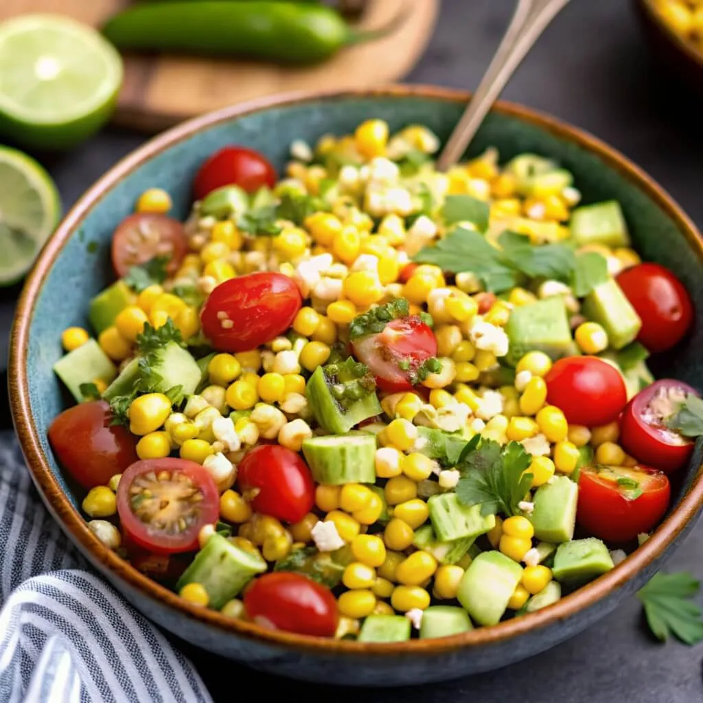 A teal ceramic bowl filled with a fresh Mexican-style corn salad featuring cherry tomatoes, avocado chunks, and fresh herbs.