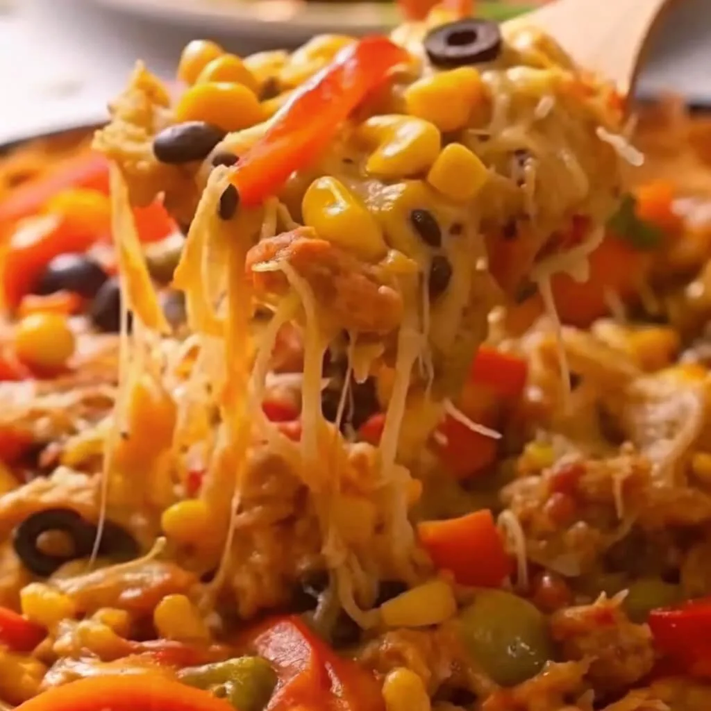 A close-up action shot of melted cheese stretching from a scoop of Mexican chicken and rice bake with corn, black beans, and red peppers.