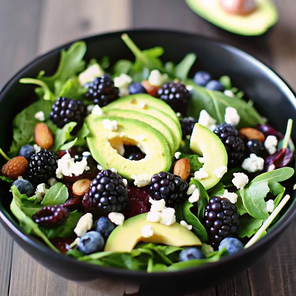 Fresh Blackberry Avocado Arugula Salad Recipe 2 Top-down view of a large white bowl filled with a healthy salad made of fresh spinach, arugula, blackberries, avocado slices, walnuts, and goat cheese.