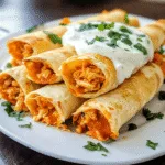 A stacked pyramid of golden chicken flautas on a white plate topped with a dollop of sour cream and fresh herbs.