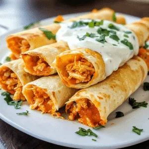 A stacked pyramid of golden chicken flautas on a white plate topped with a dollop of sour cream and fresh herbs.
