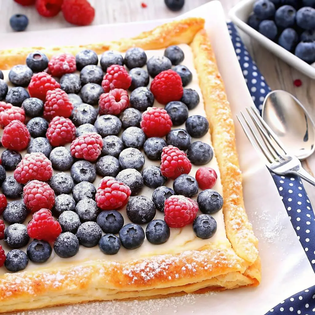 A square fruit tart arranged to resemble the American flag using blueberries for the stars and rows of raspberries and white cream for the stripes.