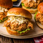 A shredded chicken sandwich on a brioche bun topped with creamy slaw, served on a light wooden platter alongside other sandwiches.