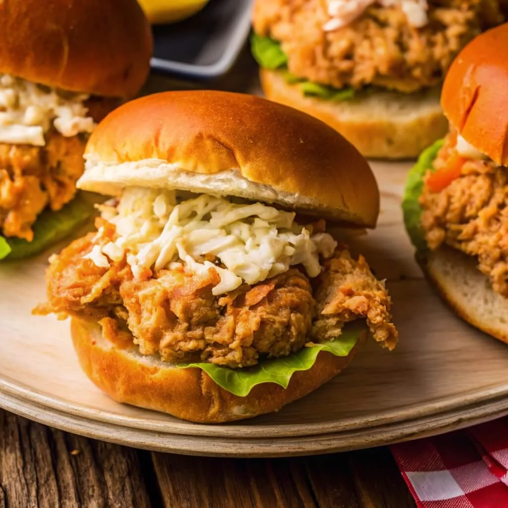 A shredded chicken sandwich on a brioche bun topped with creamy slaw, served on a light wooden platter alongside other sandwiches.