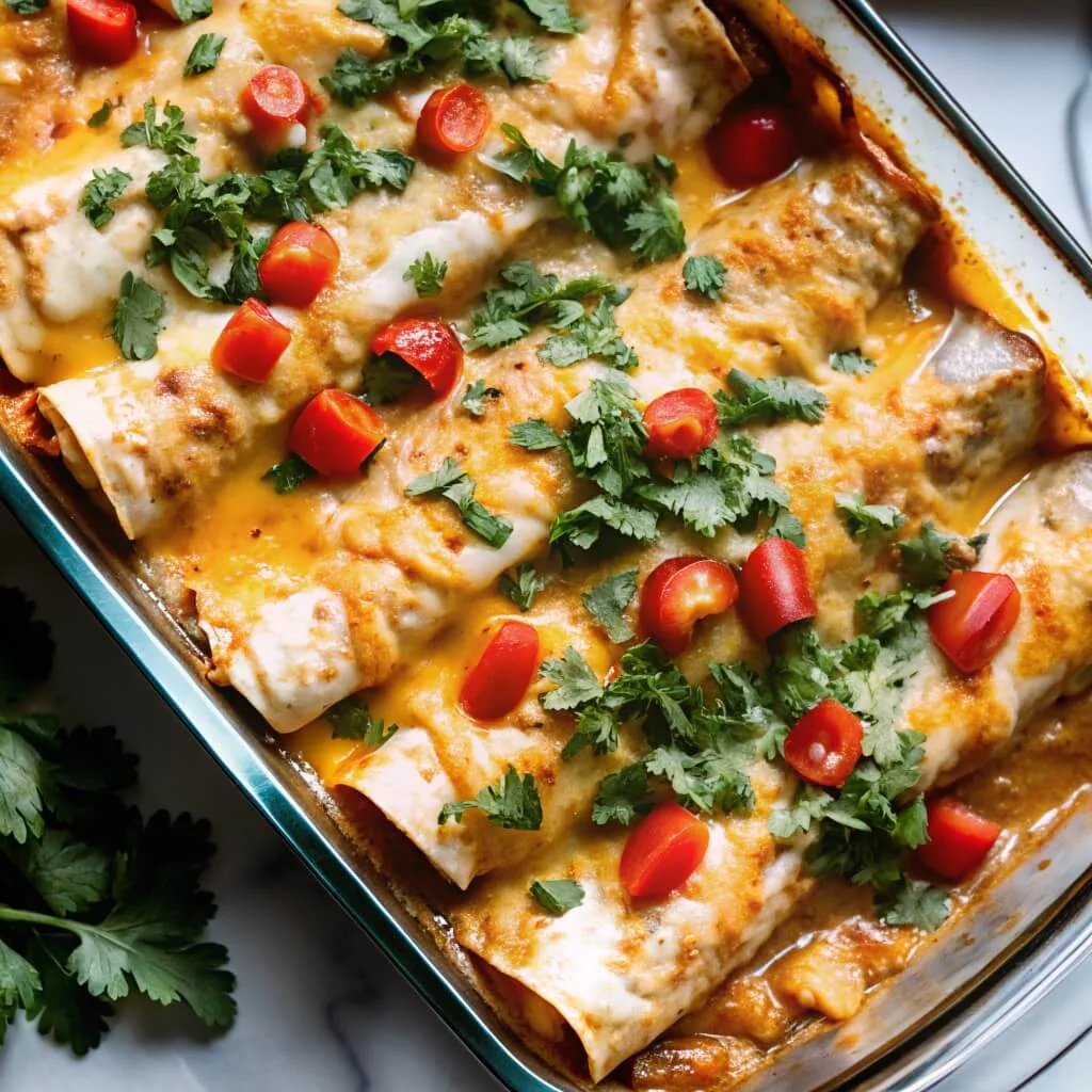 Close-up of baked enchiladas in a glass pan featuring melted yellow and white cheese, topped with fresh herbs and tomatoes.