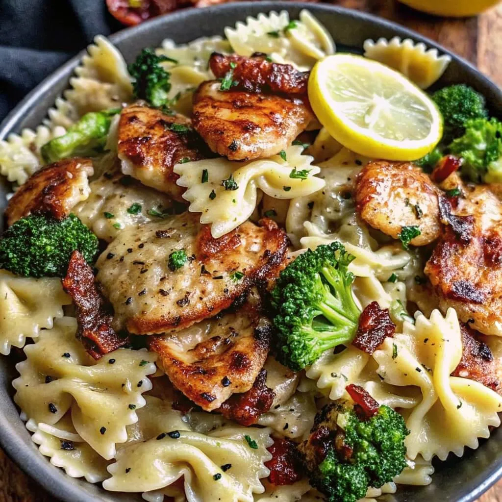 Farfalle pasta tossed with pan-seared chicken, broccoli, and sun-dried tomatoes, garnished with a slice of lemon.