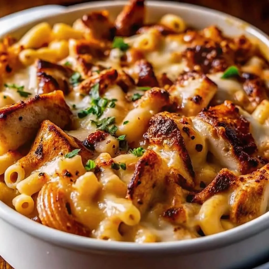 A metal fork lifting a bite of tender shredded chicken and macaroni drenched in dark, glossy BBQ sauce.