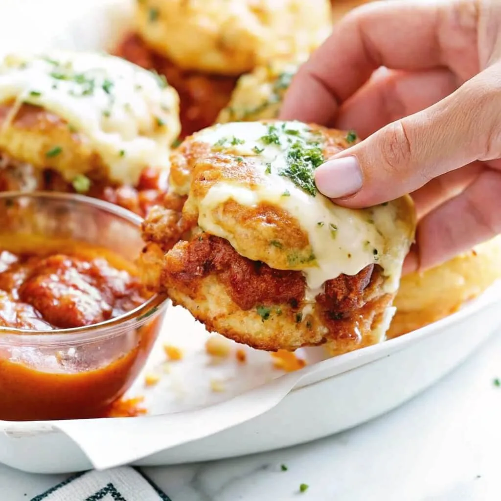 A hand picking up a cheesy meatball slider with melted mozzarella and marinara sauce on a white plate.