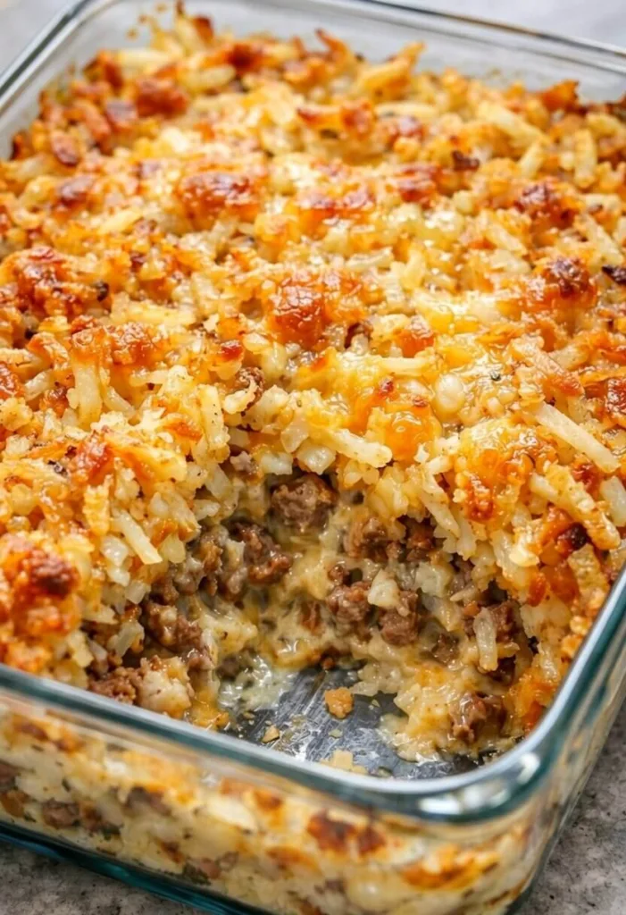 A glass baking dish filled with a cheesy hamburger hashbrown casserole, with a portion removed showing the layers of seasoned ground beef and crispy shredded potatoes.